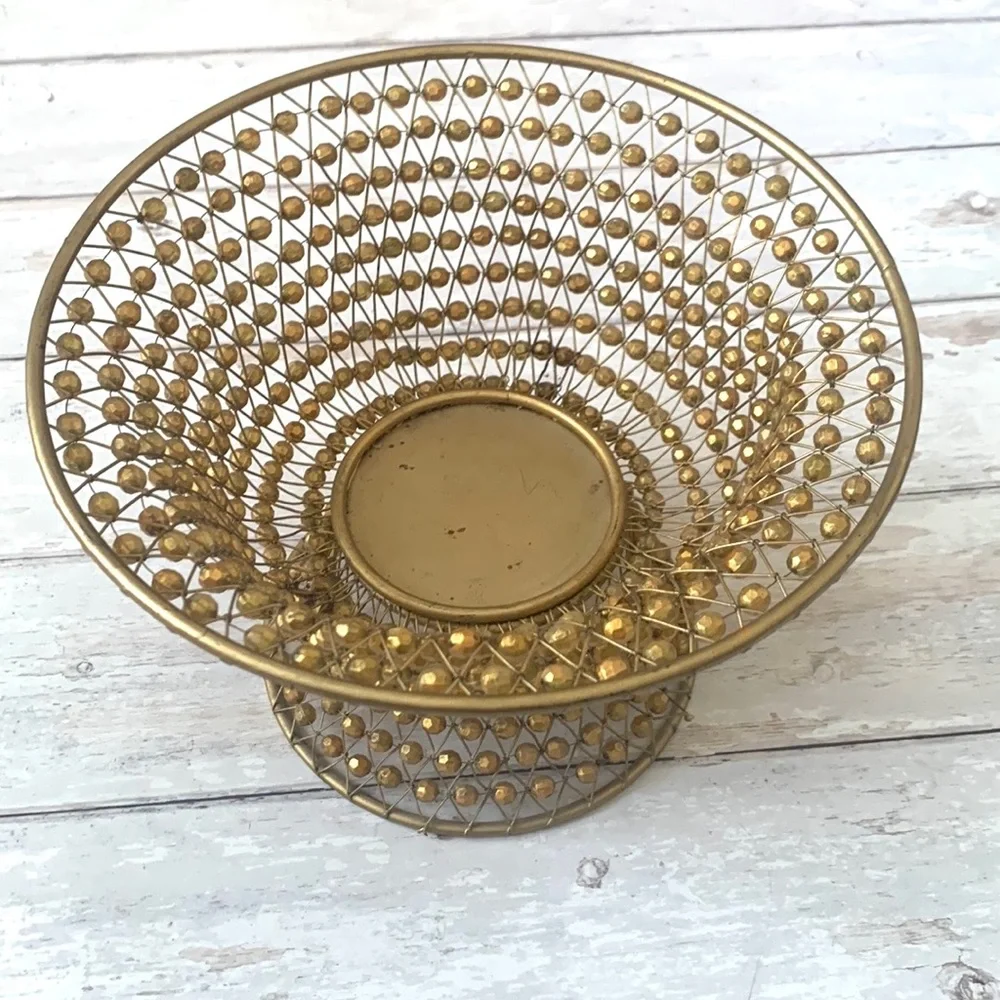 Gold Beaded Decorative Bowl Vase Home Decor Centerpiece 10in Wide x 7in Tall